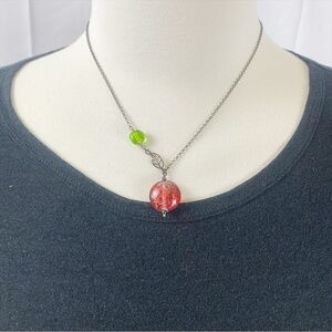 🌿Handmade Glass Bead Necklace with Sterling Silver Clasp-Red&Green🌿